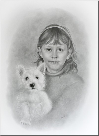 Portraitzeichnung "Mdchen mit Hund"